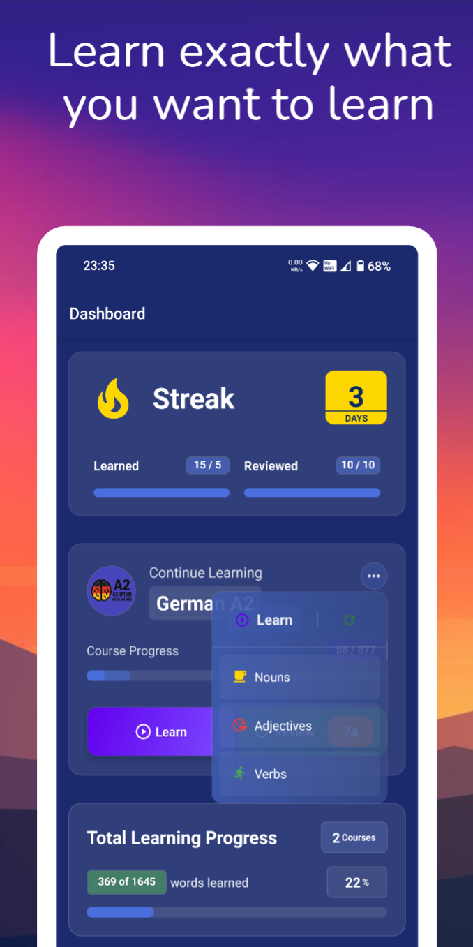 App Screenshot showing learning options